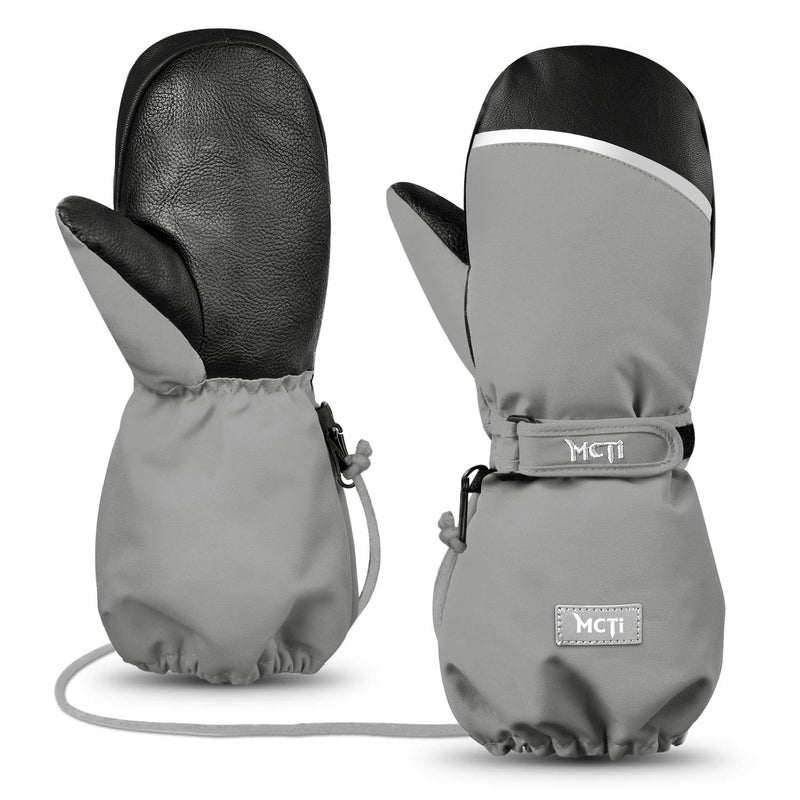 MCTi Kids Mittens Waterproof Winter Ski Warm Sherpa Lined Long Cuff with String (Gray, XXX-Small(Fits 2-4 years)) - Image 1
